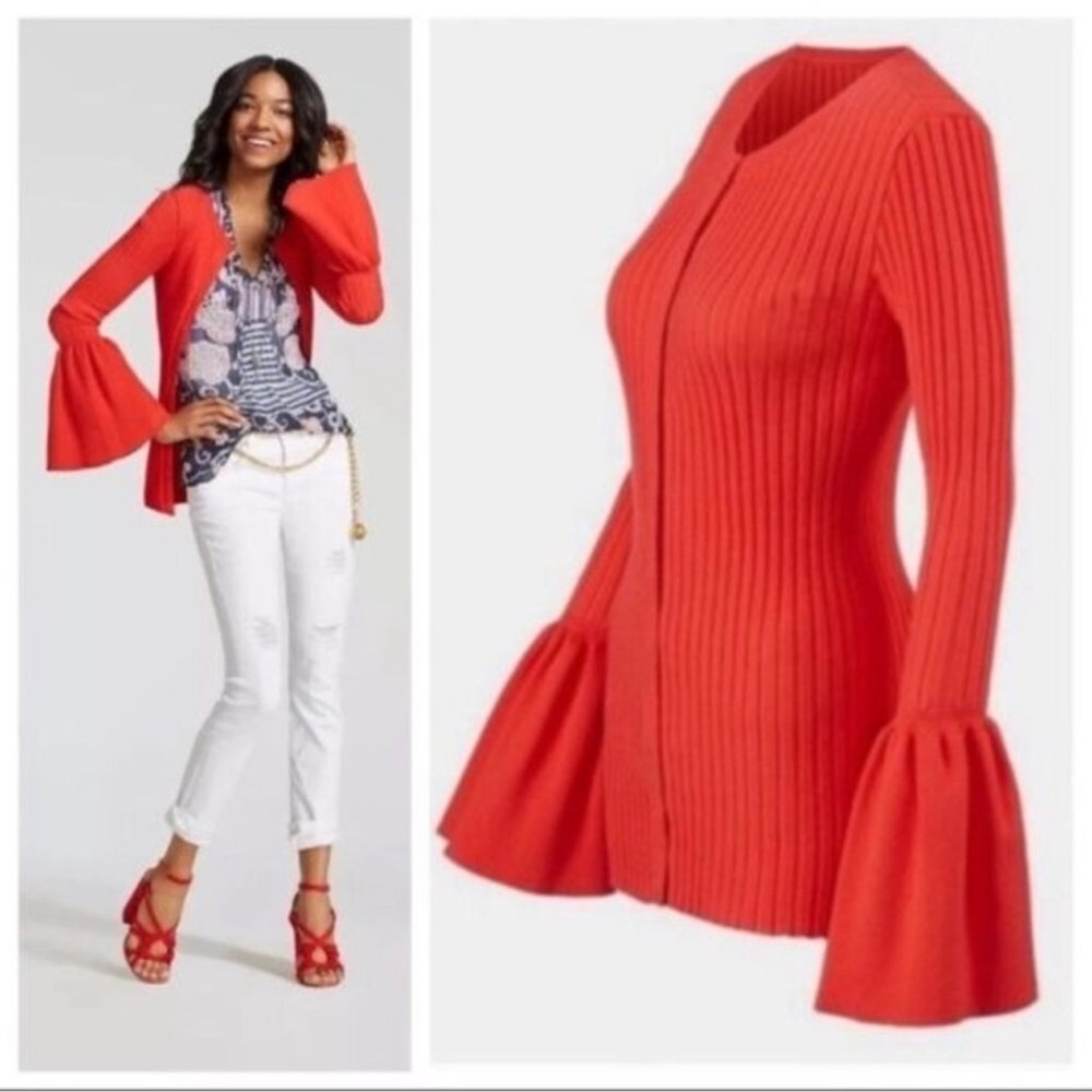 CAbi Cardigan Sweater Burnt Orange Bell Long Sleeve Ribbed Snap Front Size small